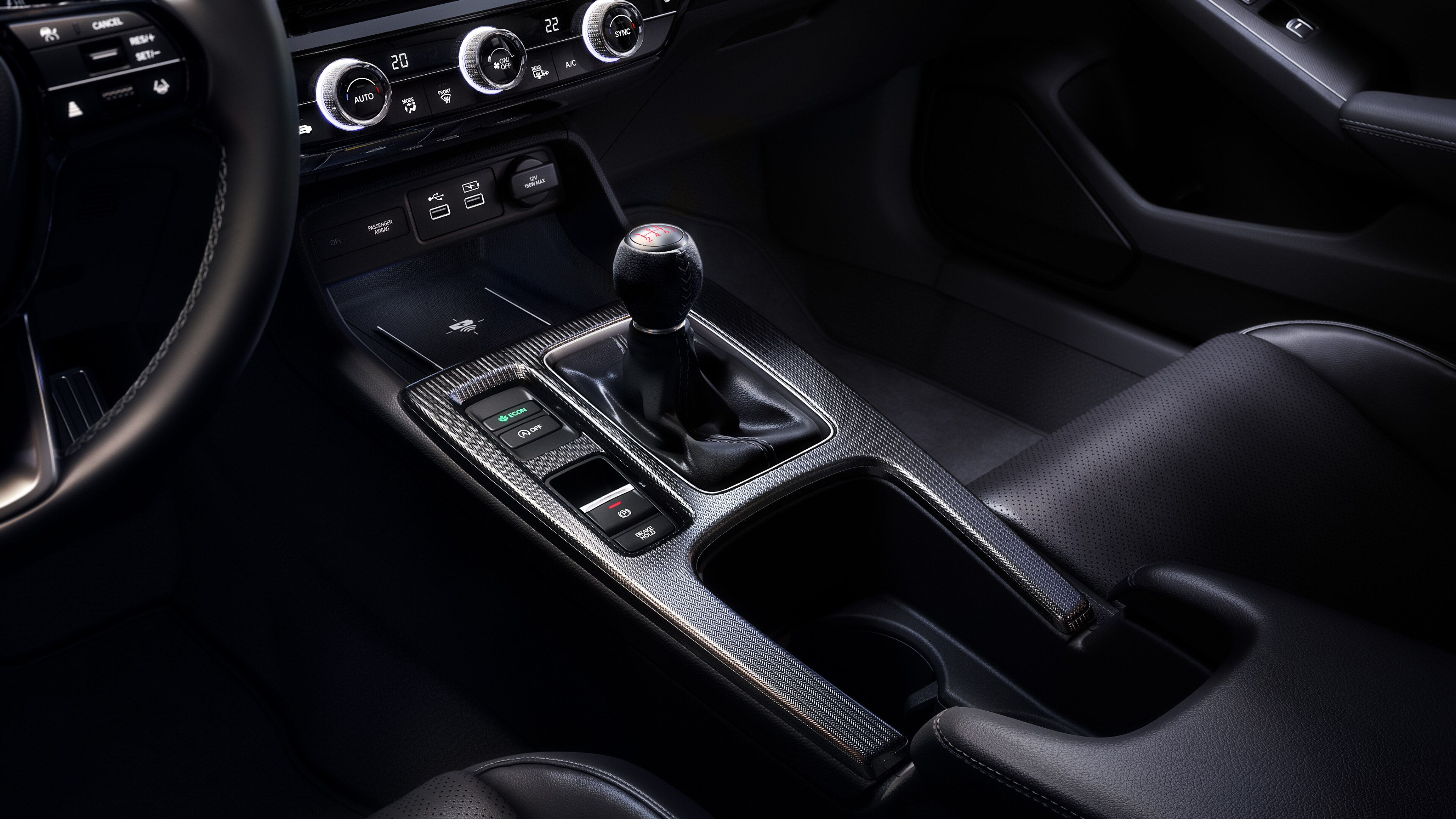 View from driver’s seat of Honda Civic Hatchback stick shift and console