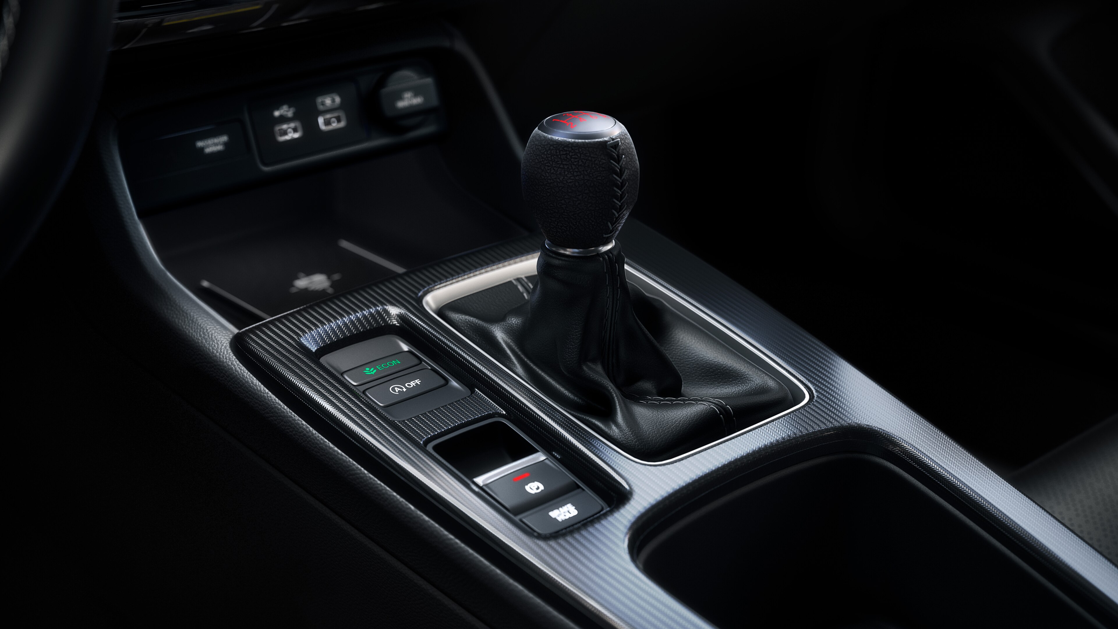 Close-up of Honda Civic Hatchback stick shift from driver’s seat