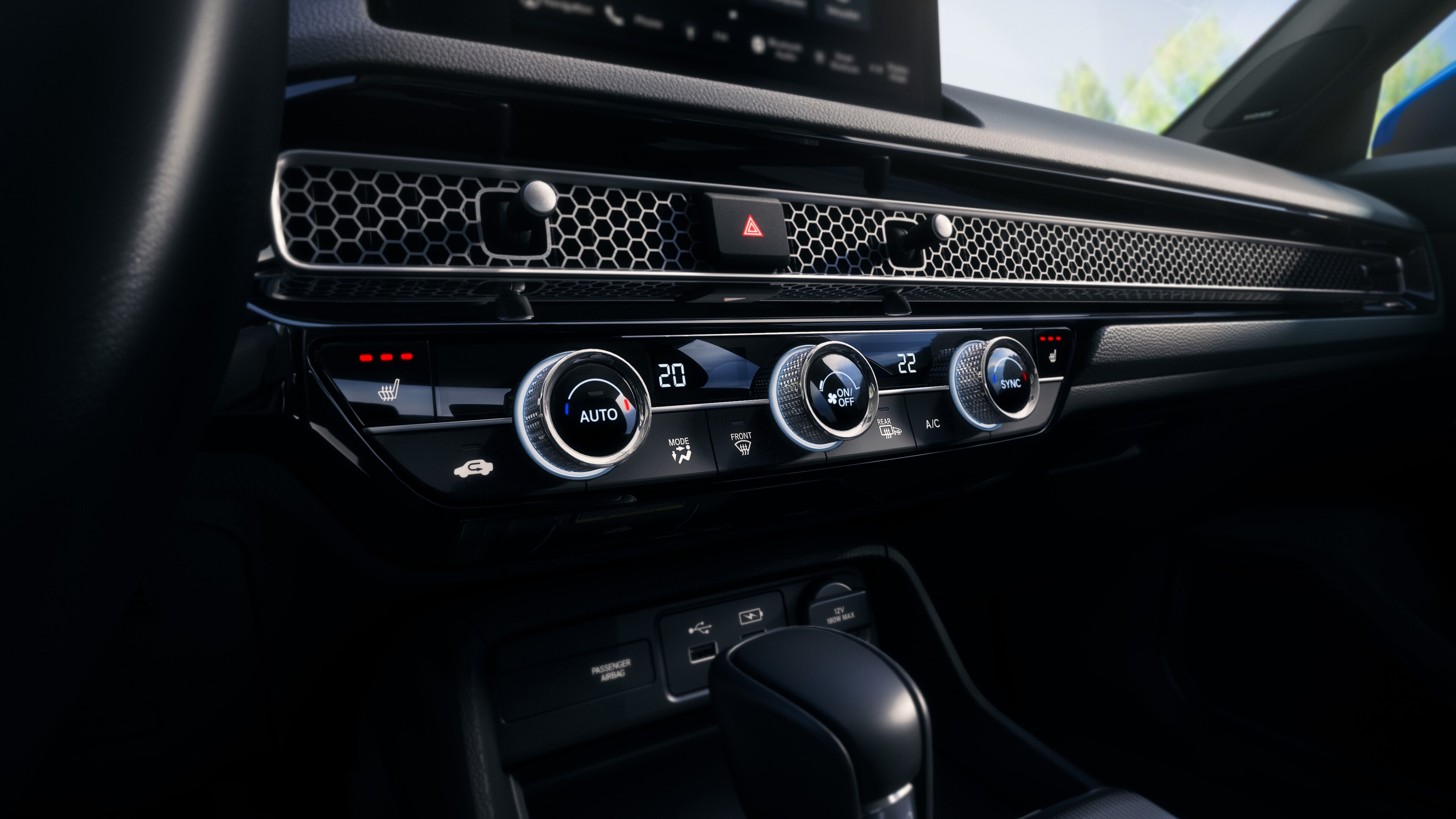 Honda Civic Hatchback centre console from driver’s seat at steering wheel height