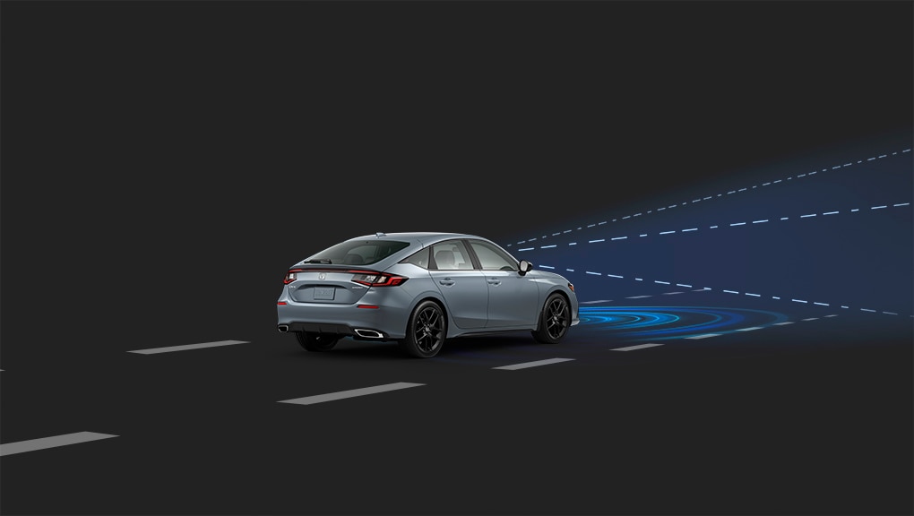 Rear-facing side view of a white 2022 Honda Civic driving in a black space with a blue beam emanating from the front to depict the vehicle’s Forward Collision Warning System.