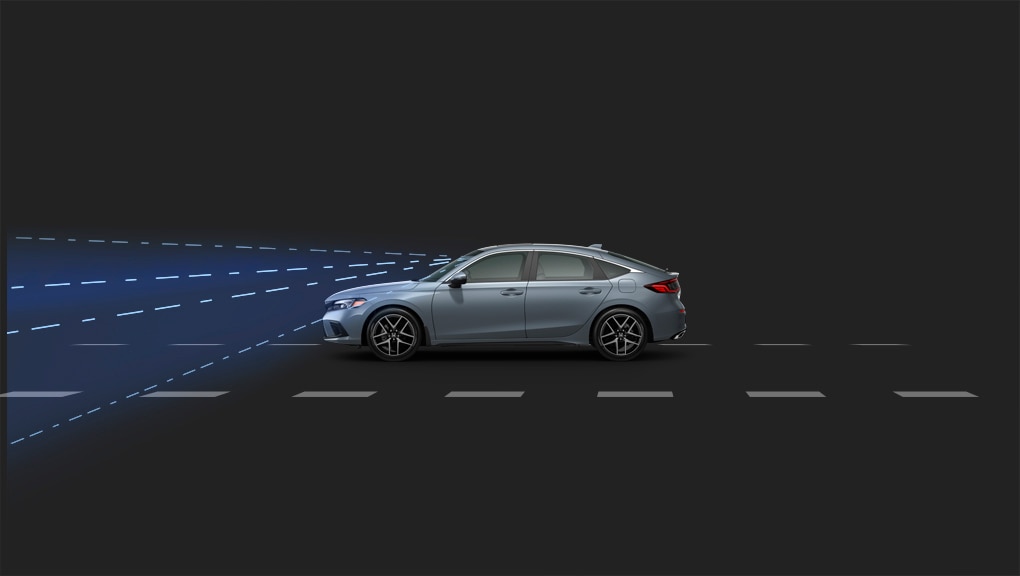 Side view of a white 2022 Honda Civic driving in a black space with a blue beam emanating from the front to depict the vehicle’s Lane Departure Warning System.