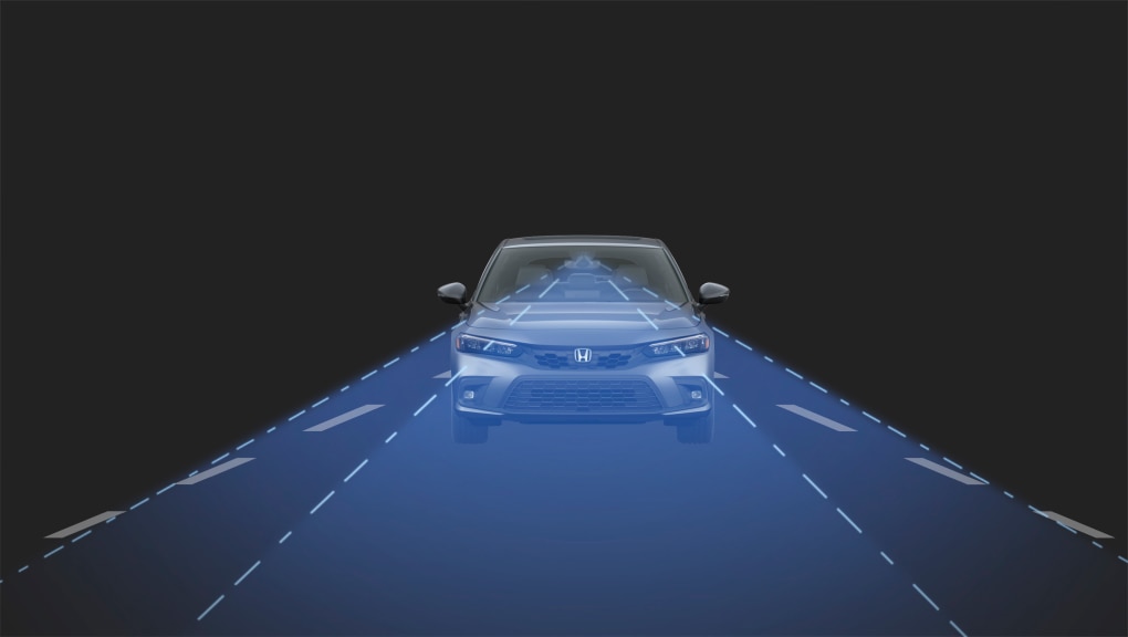 The front end of a white 2022 Honda Civic driving in a black space with a blue beam emanating from the front to depict the vehicle’s Adaptive Cruise Control with Low-Speed Follow.