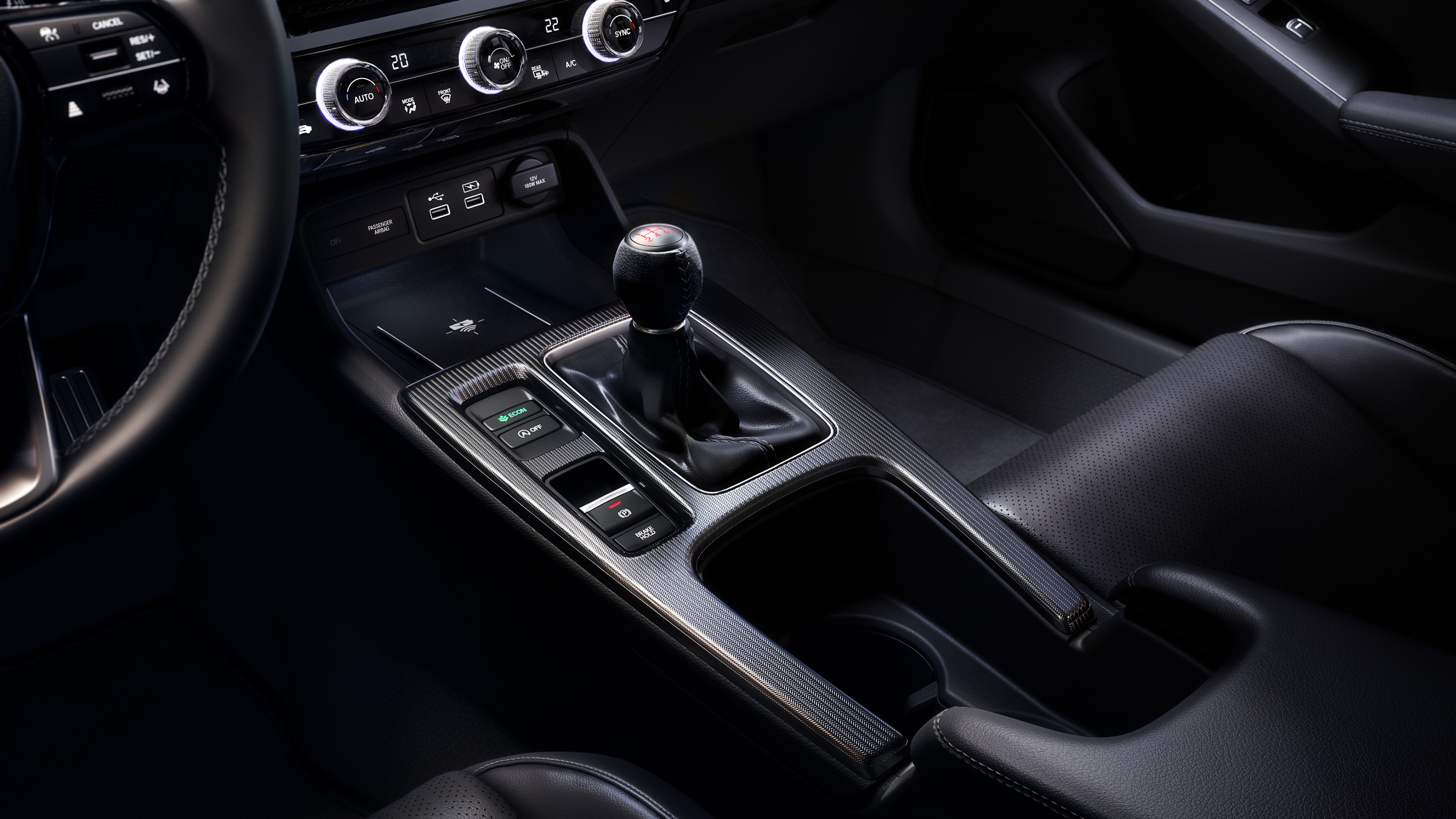View from driver’s seat of Honda Civic Hatchback stick shift and console