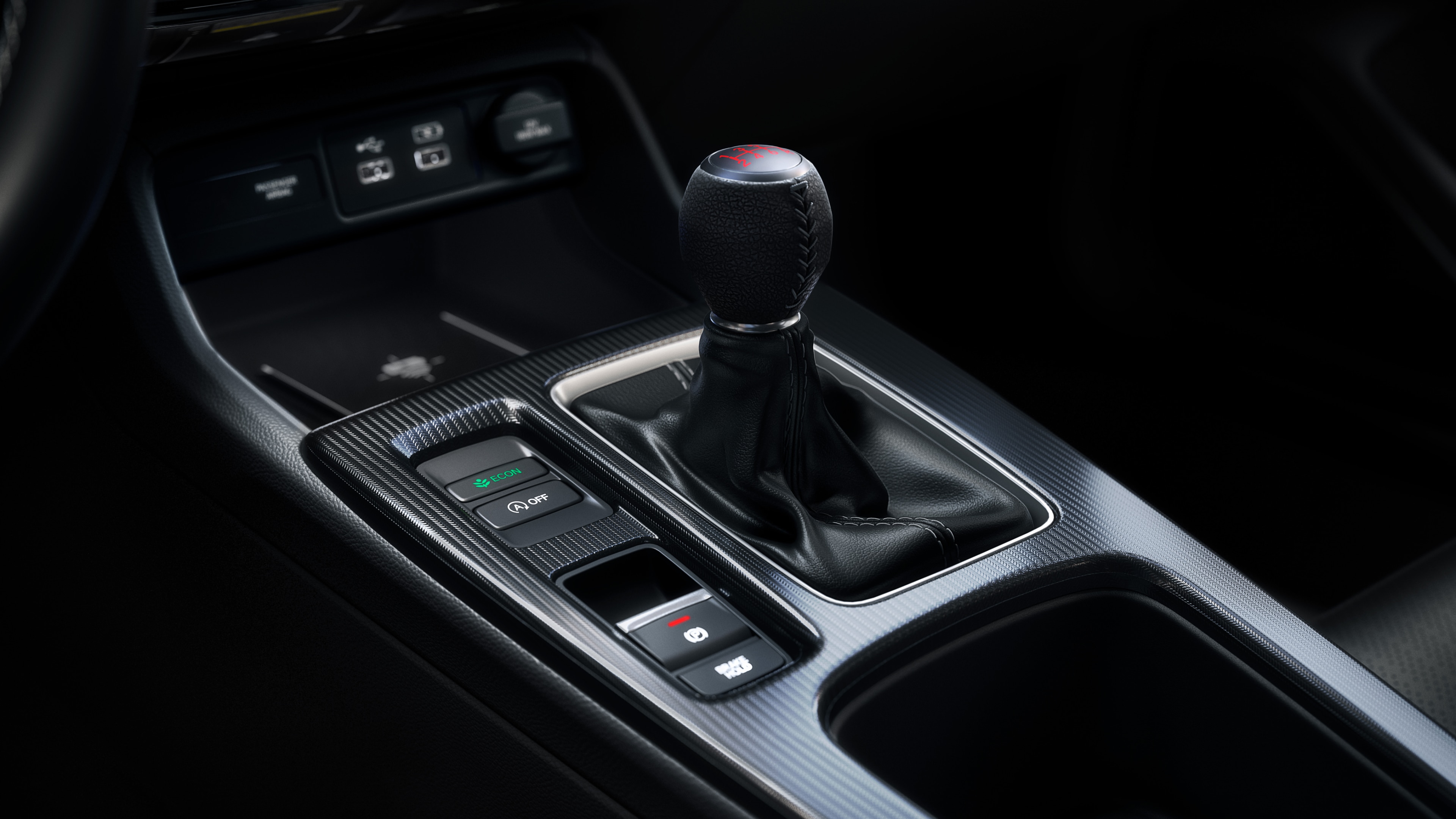 Close-up of Honda Civic Hatchback stick shift from driver’s seat