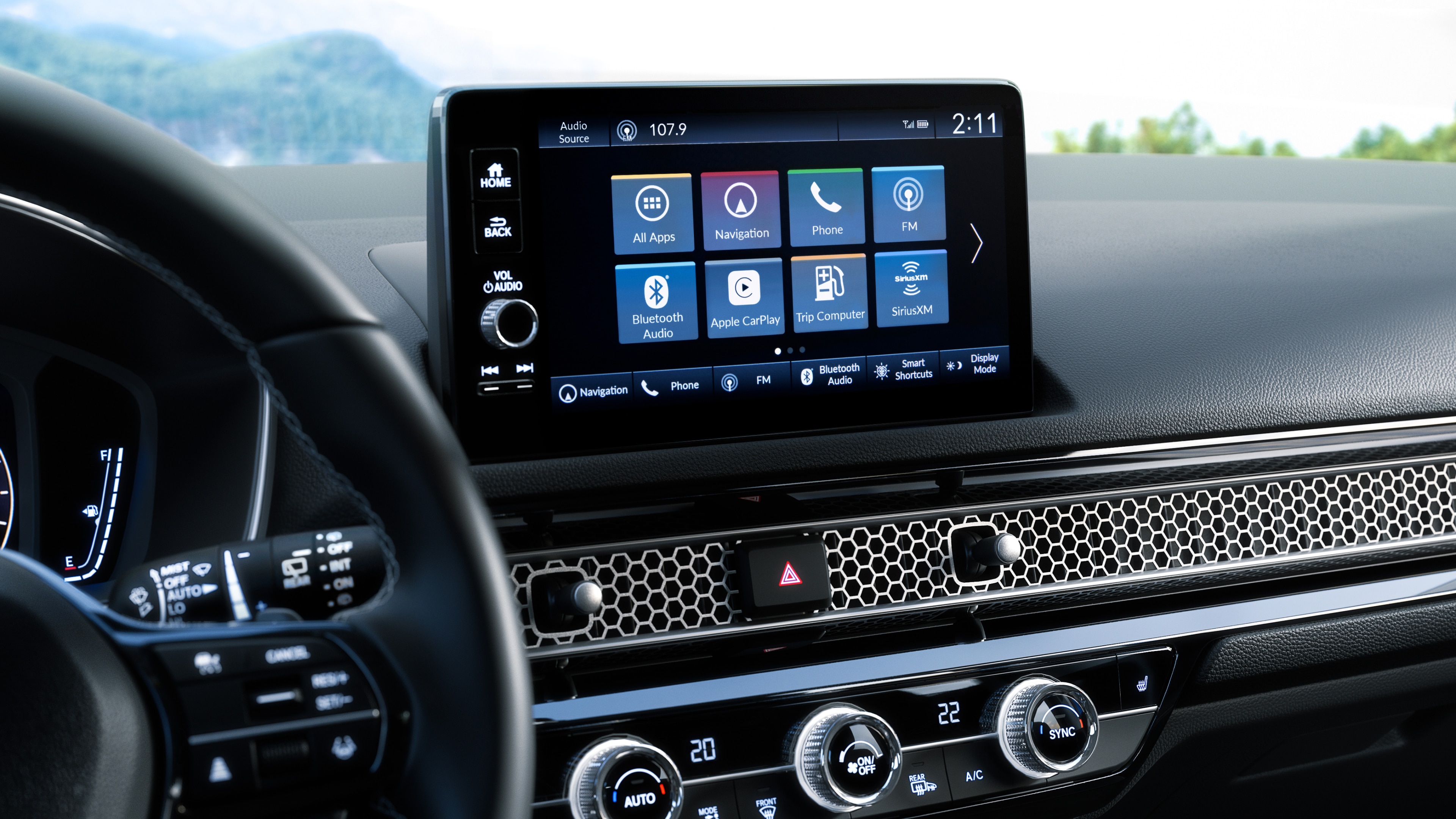 Close-up of Honda Civic Hatchback centre console touch screen from the driver’s seat